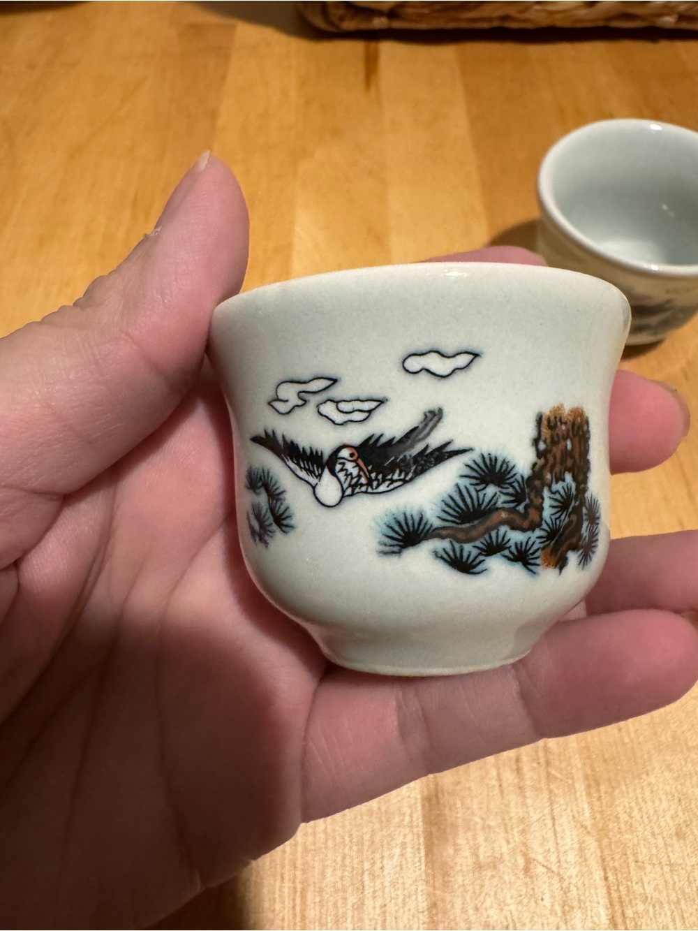 Vintage ceramic cups in crane Motif for tea or sake - set of 3